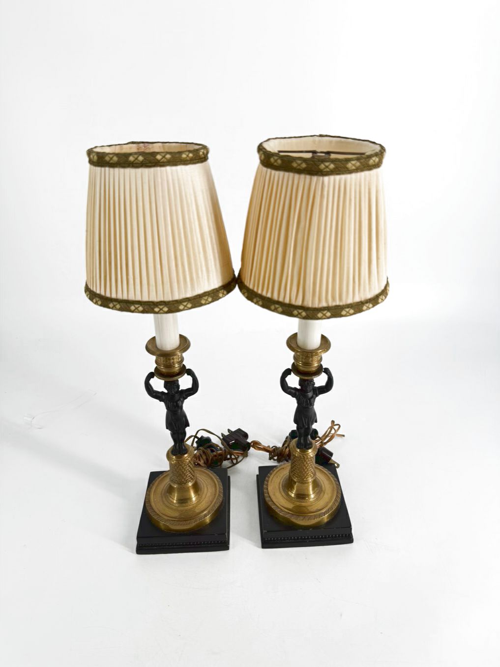 Brass & Bronze Candlestick Classical Rival Figural Pair of Lamps w/ Shades