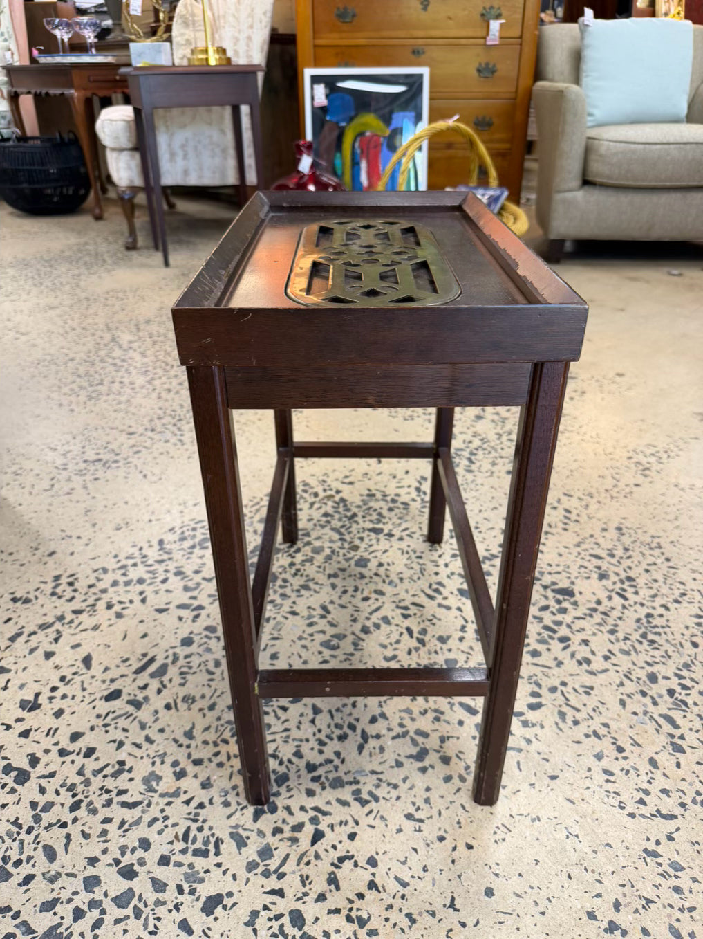 Brass Brown Wood Chippendale Side Table
