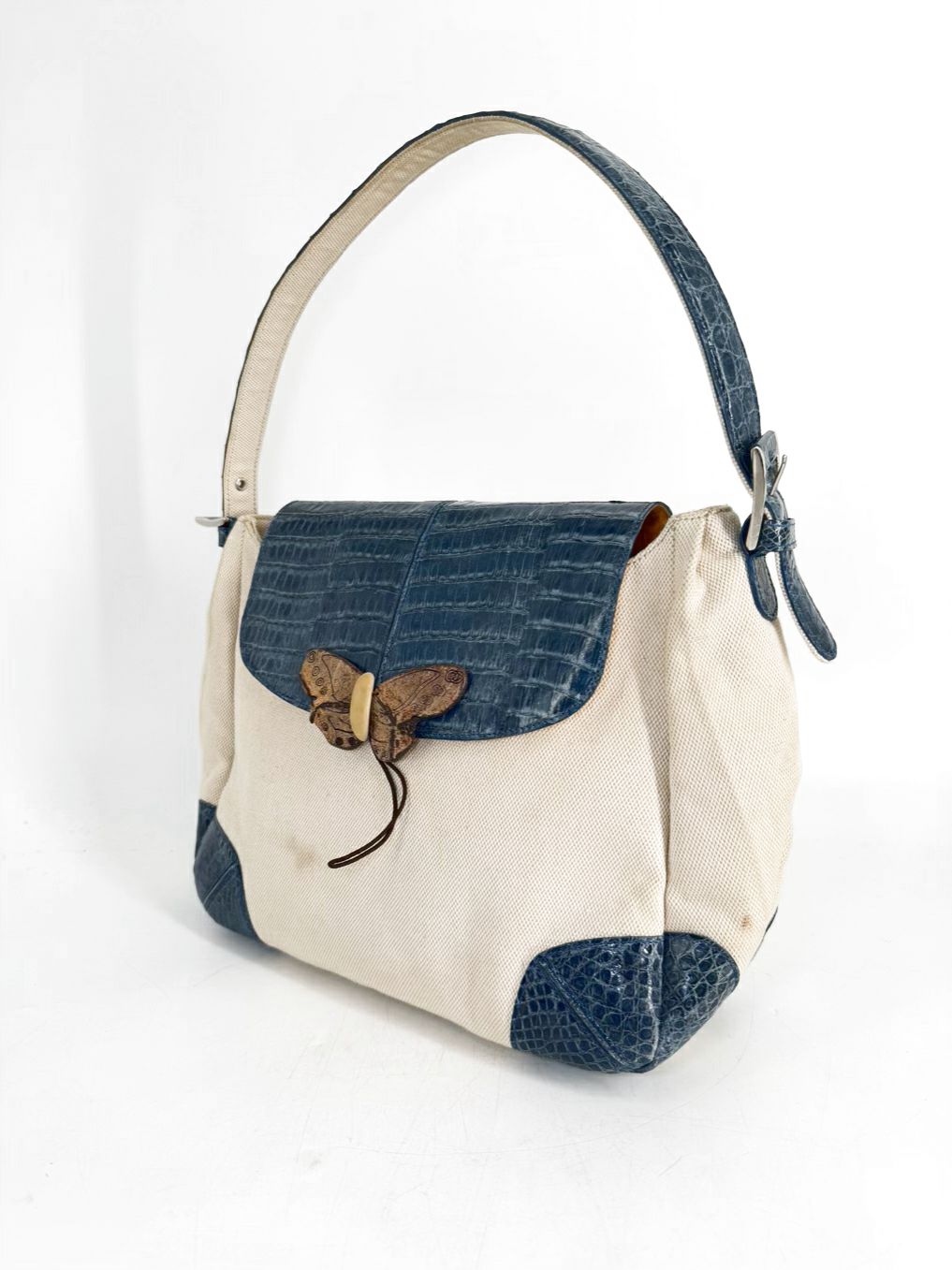 VINTAGE MARIO HERNANDEZ Canvas & Crocodile Embossed Leather Butterfly Shoulder Bag