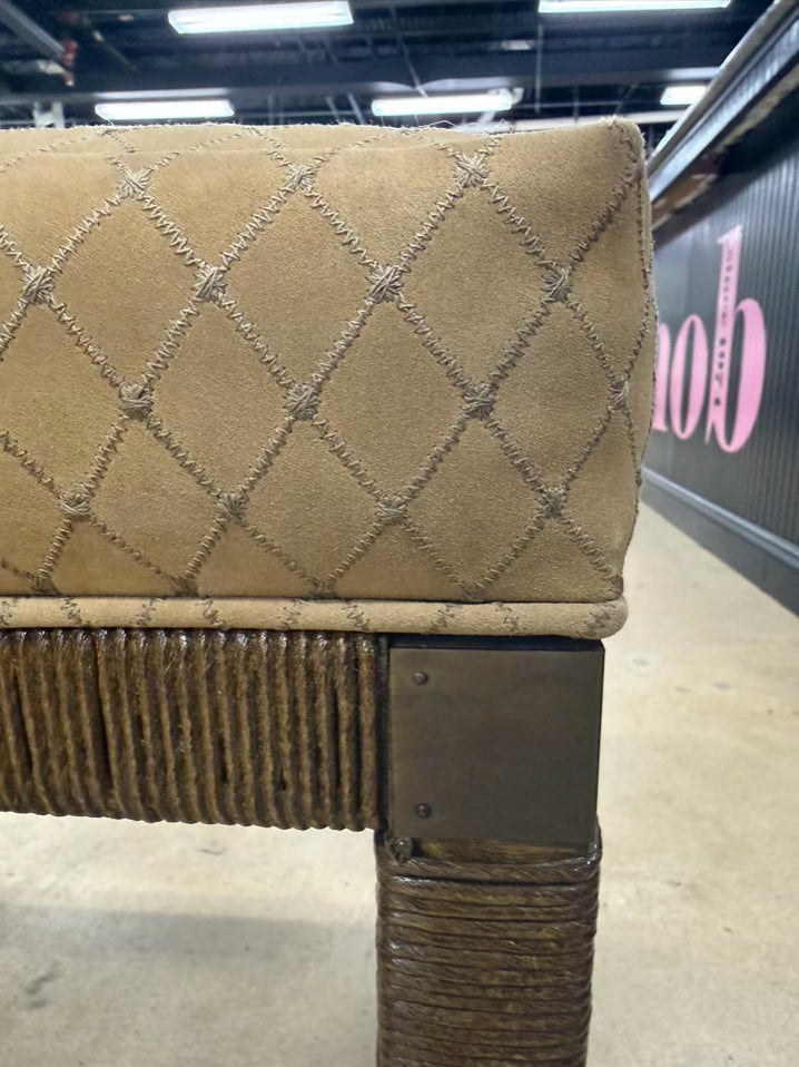 Brown Parsons Woven Pair Of Stools w/ Tan Suede Fabric