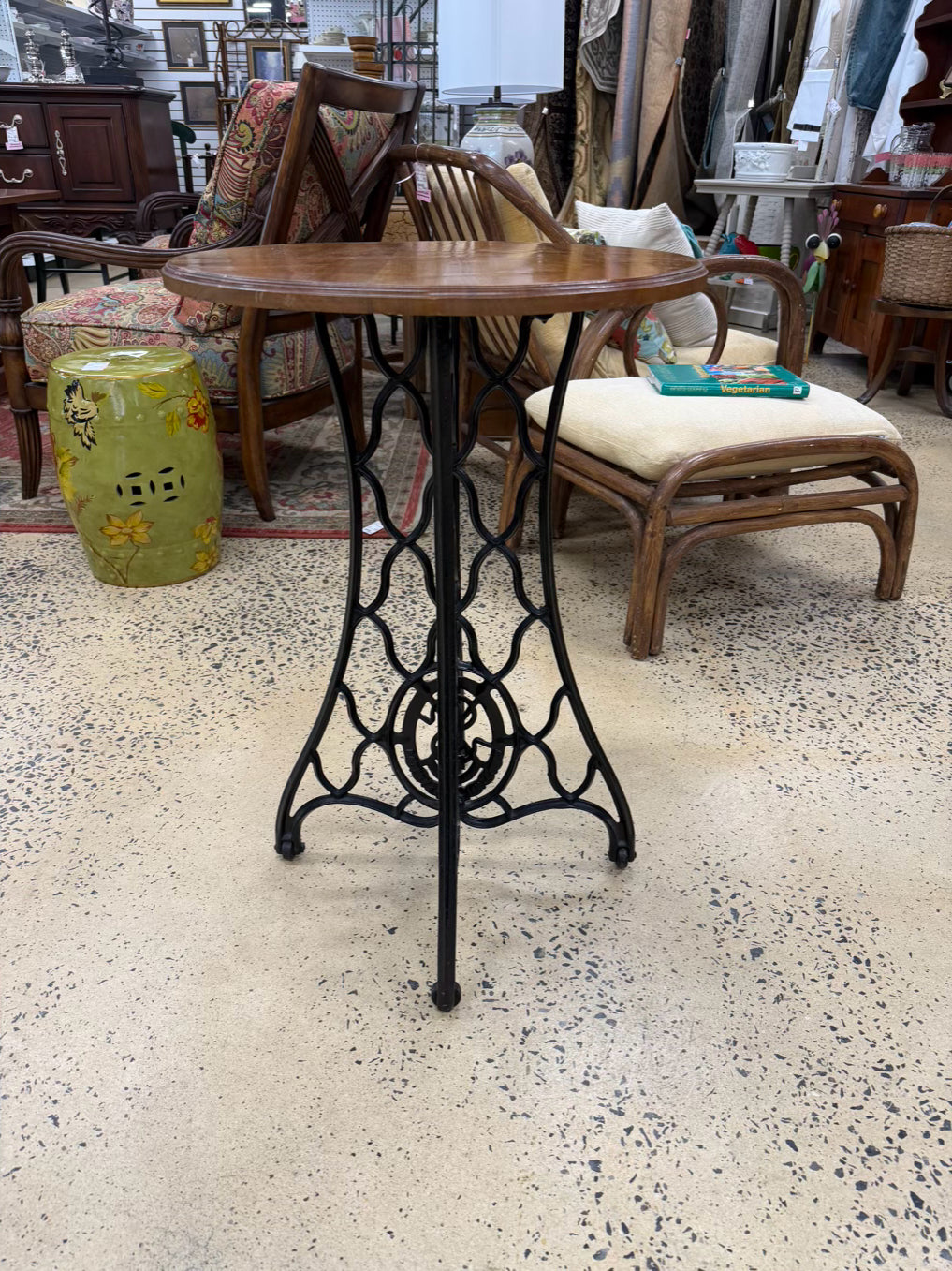 Iron & Wood Round Occasional Table w/ Black Base