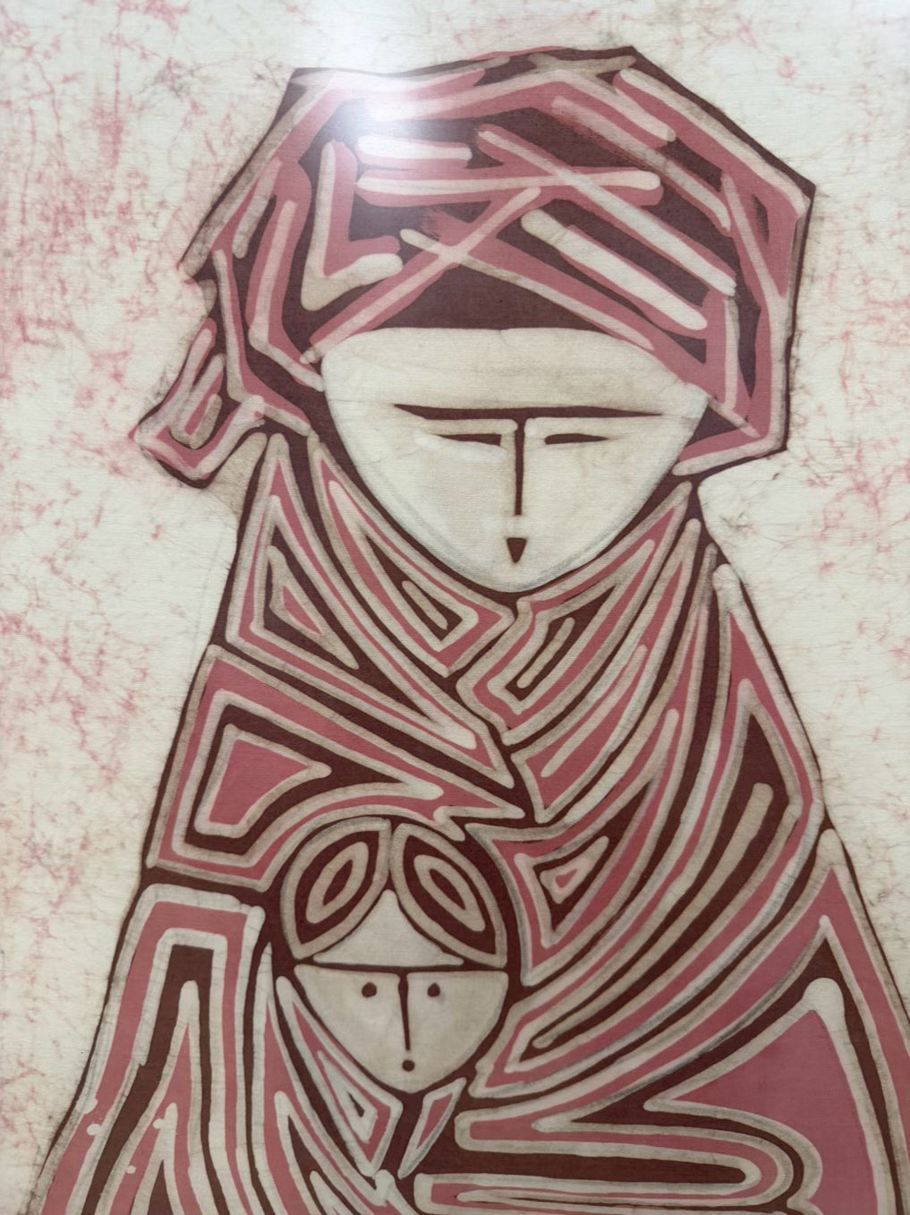 Woman & Child Batik Fabric Art In Dark Silver Frame