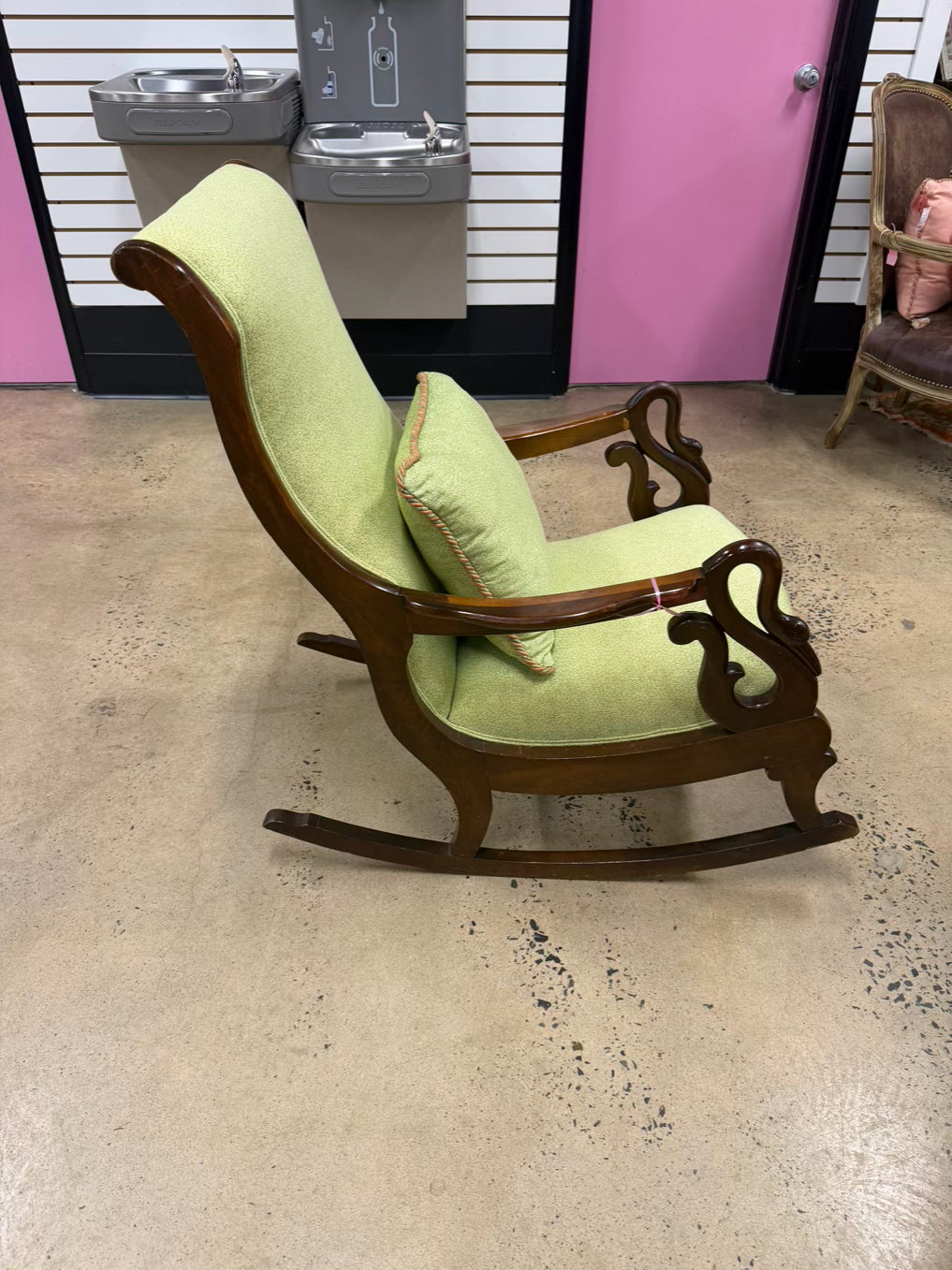 VINTAGE Wood Gooseneck Rocking Chair w/ Green Fabric & Pillow