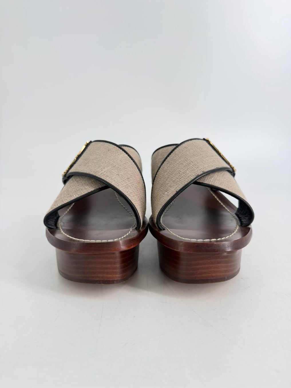 TORY BURCH Size WMNS 8.5 Black & Beige Canvas and Leather Platform Slide Sandals