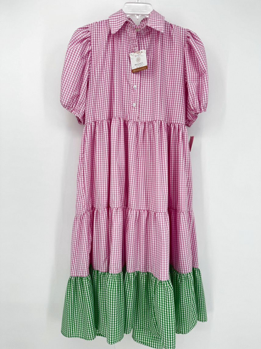 BULULU Size Wmn's L/XL pink & green Print Check Dress