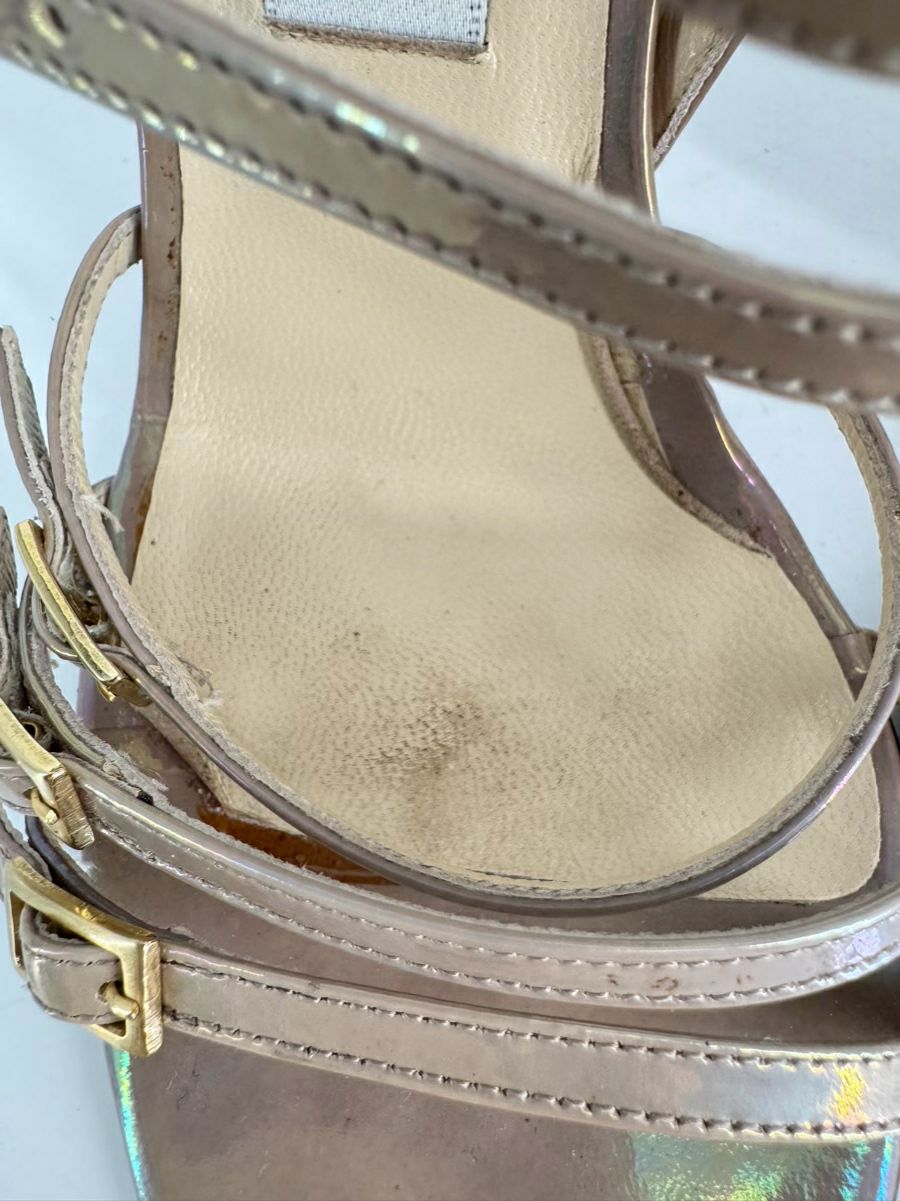 JIMMY CHOO Size 37.5 Metallic Iridescent Leather Atlas Gladiator Pumps