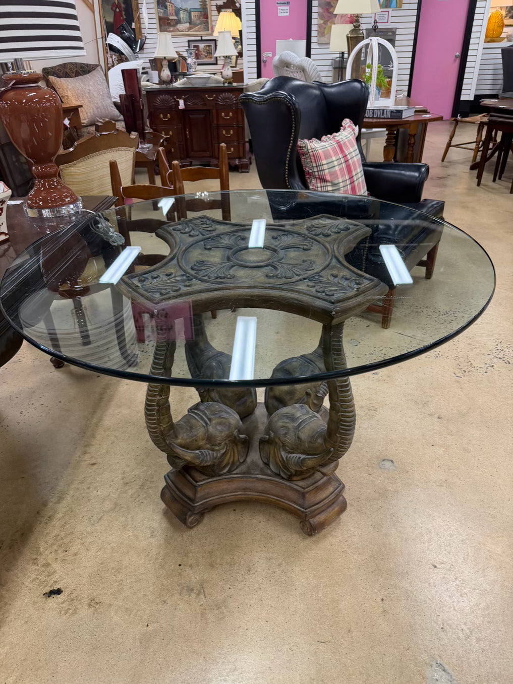 Tan & Clear Resin & Glass Round Elephant Occasional Table