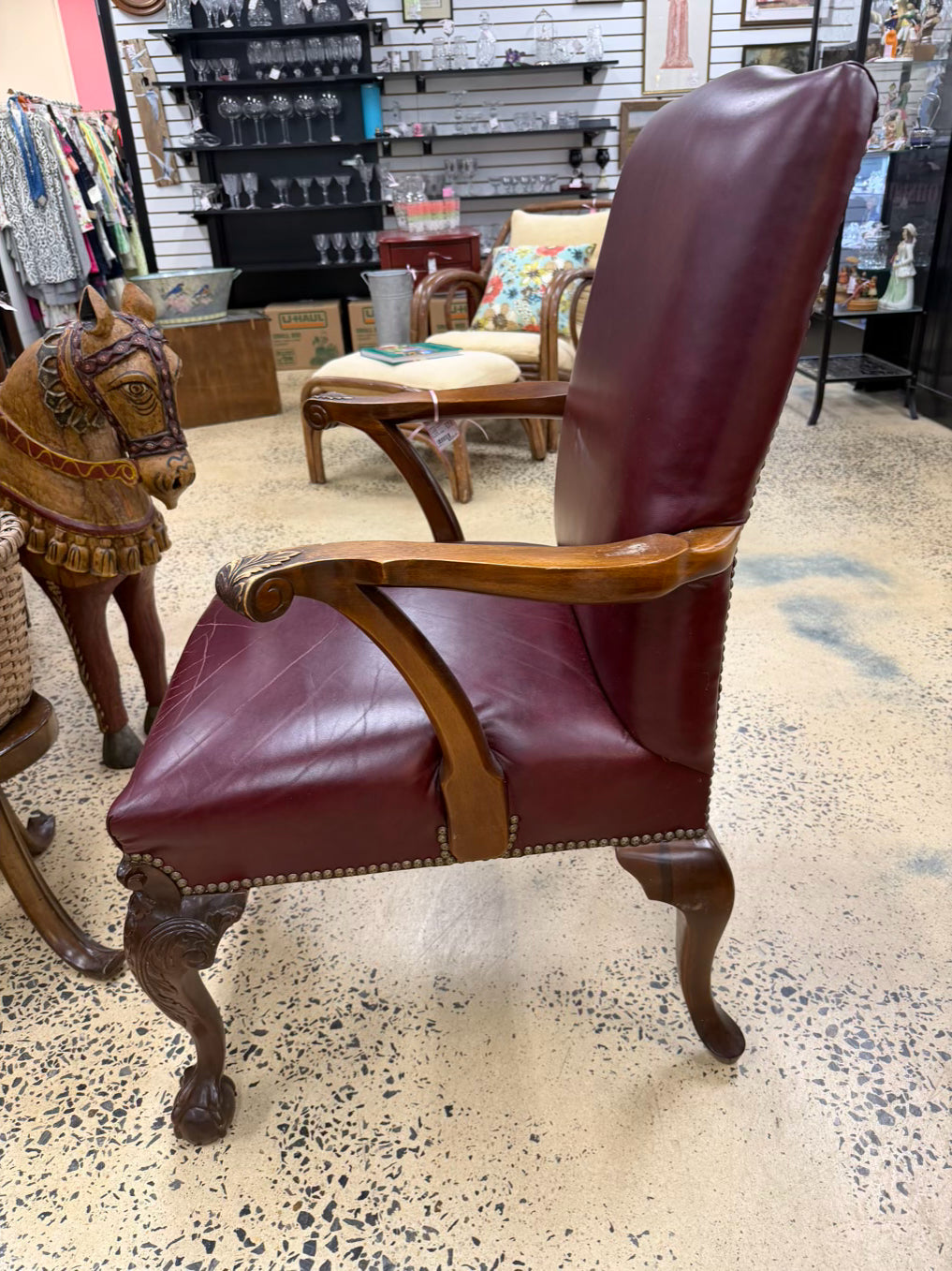 VINTAGE Red Queen Ann Wood Chair w/ Leather Upholstery