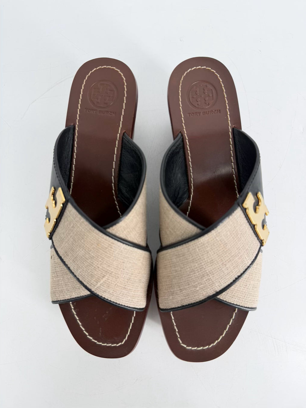 TORY BURCH Size WMNS 8.5 Black & Beige Canvas and Leather Platform Slide Sandals
