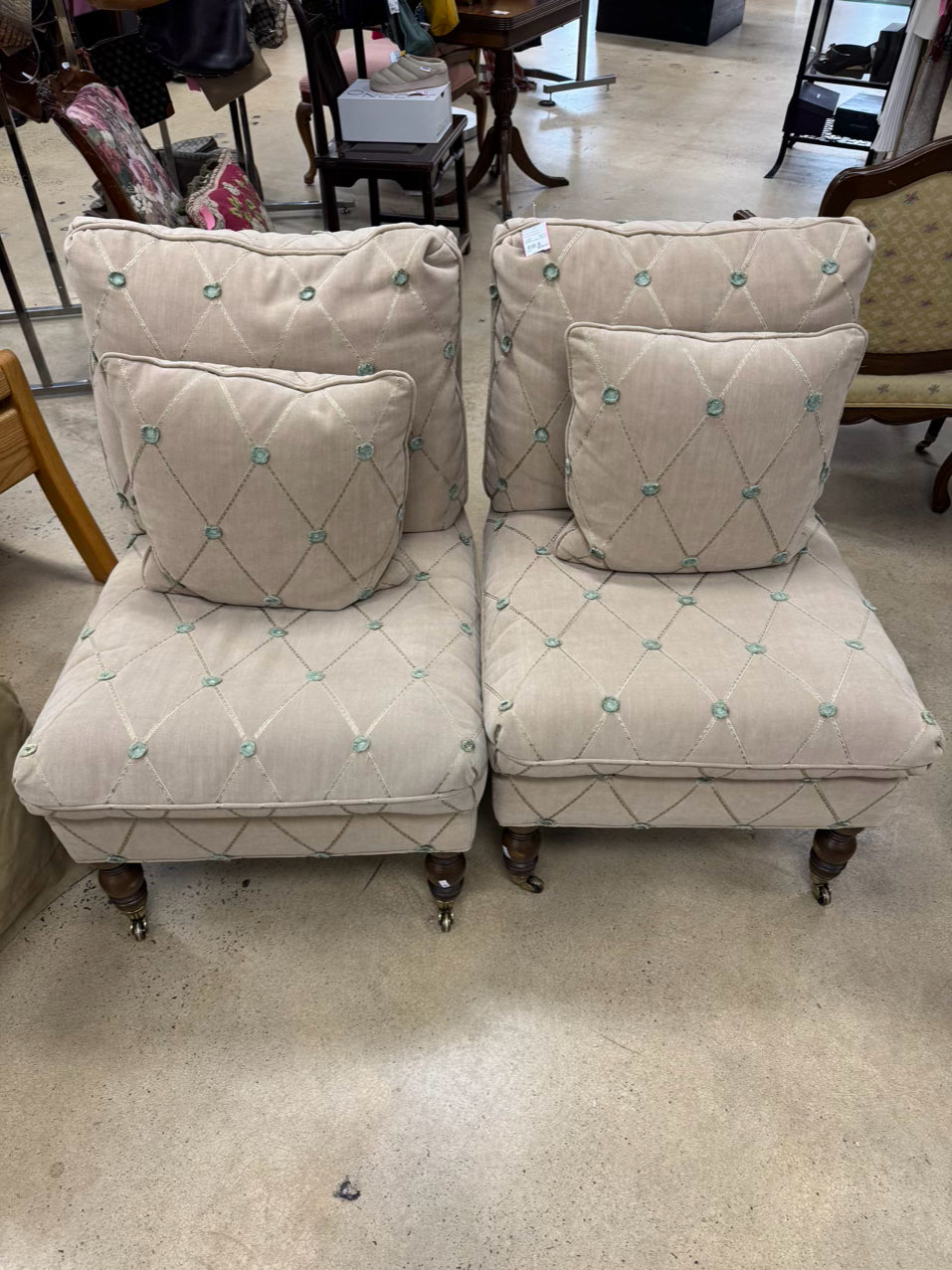 Tan & Green Pair of Armless Accent Chairs