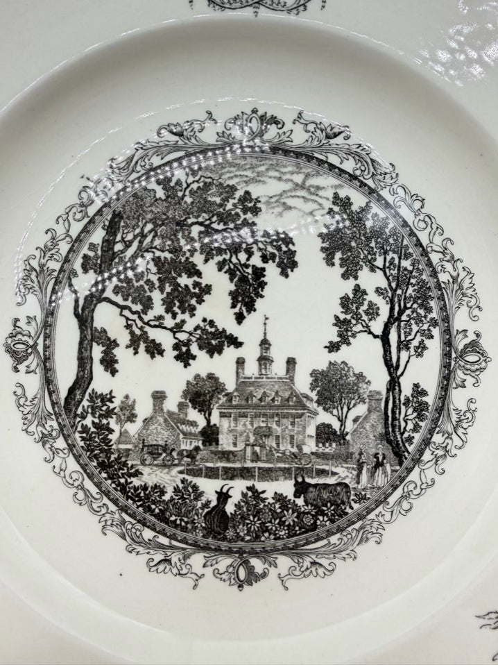 WILLIAMSBURG White & Black Transferware Set Of 8 Dinnerware Plates