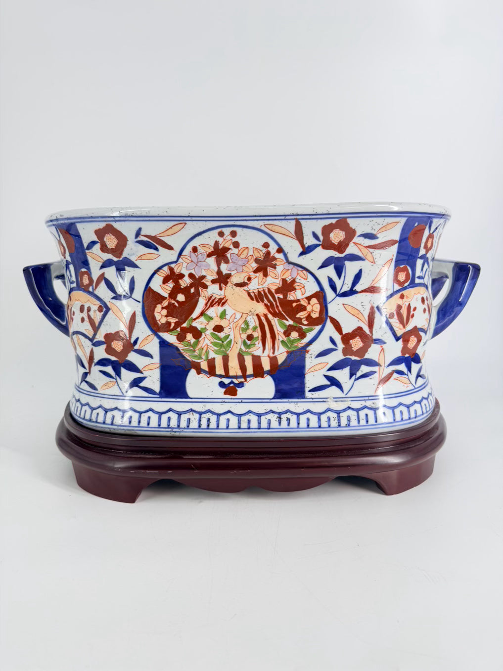 Navy, Rust & White Porcelain Foot Bath w/ Wood Base