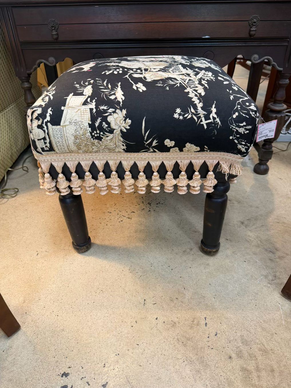Black, Cream & Pink Wood Oriental Print Stool