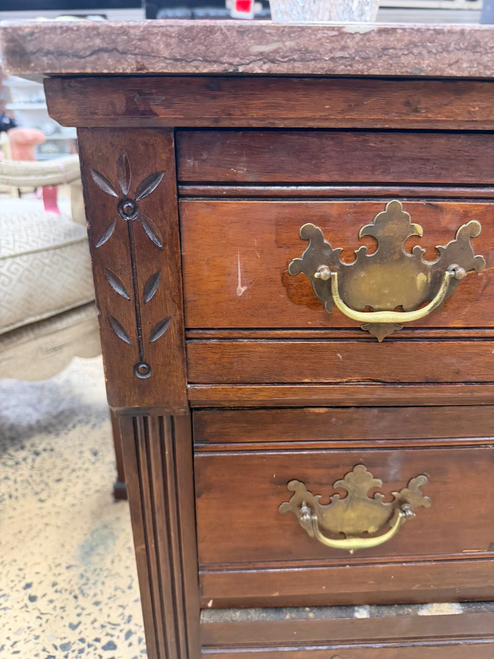 Victorian Wood 3 Drawer Chest w/ Pink Marble Top