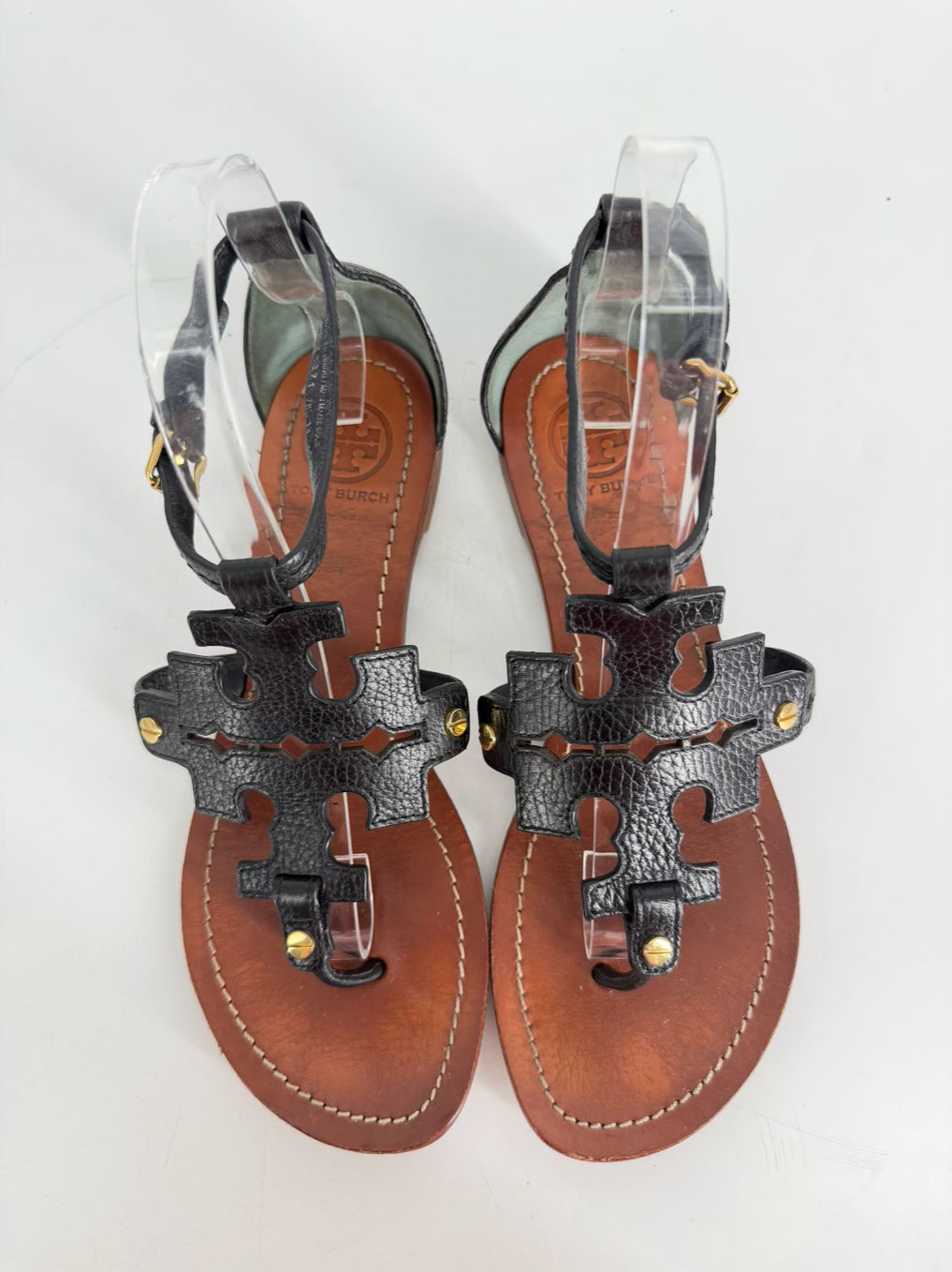 TORY BURCH Size 8 Black Leather Monogram Sandals