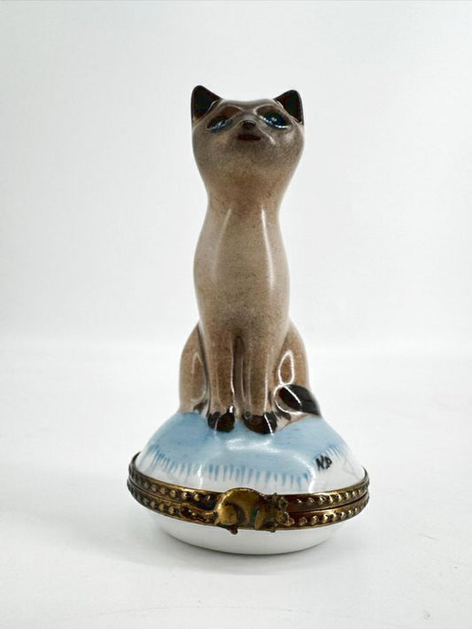 LIMOGES Gray & Blue Siamese Cat Ceramic Trinket Box