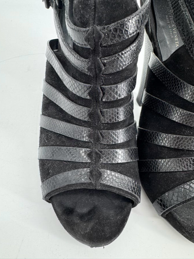 BOTTEGA VENETA Size 40 Black Suede & Embossed Leather Strappy Peep Toe Heels