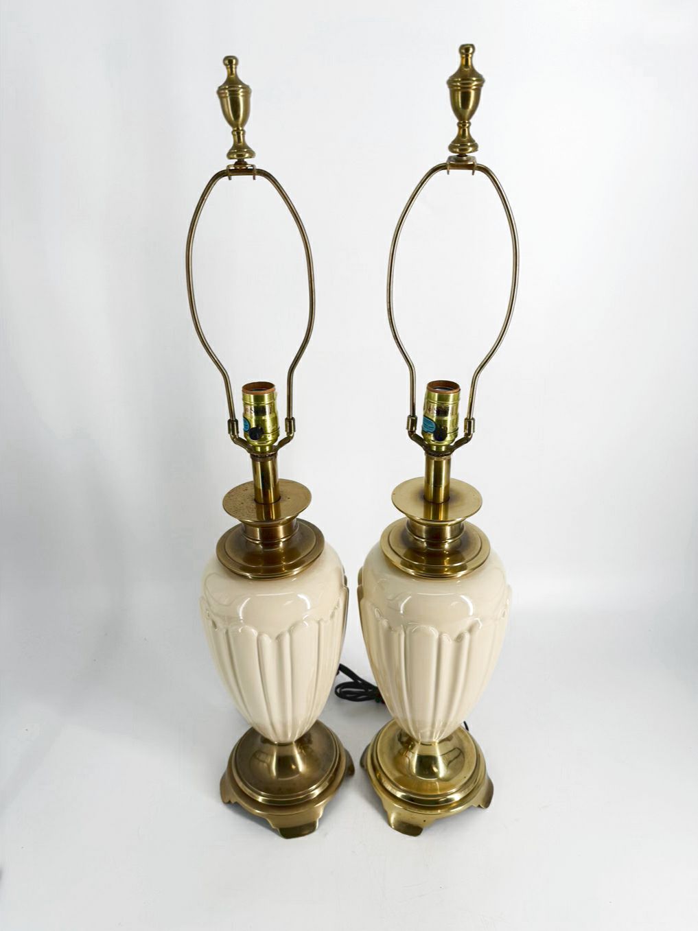 STIFFEL Brass & Cream Glass Pair of Lamps w/ No Shade
