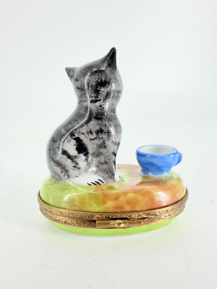 LIMOGES Black, Green & Blue Porcelain Cat Trinket Box