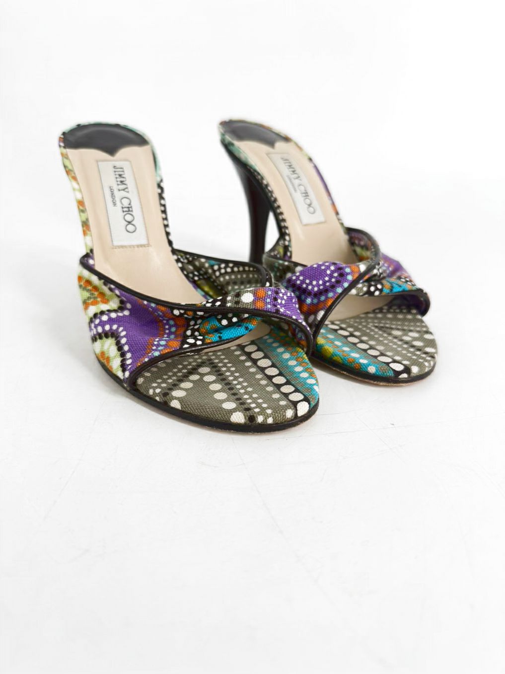 JIMMY CHOO Size 38 Purple & Green Canvas Print Heels