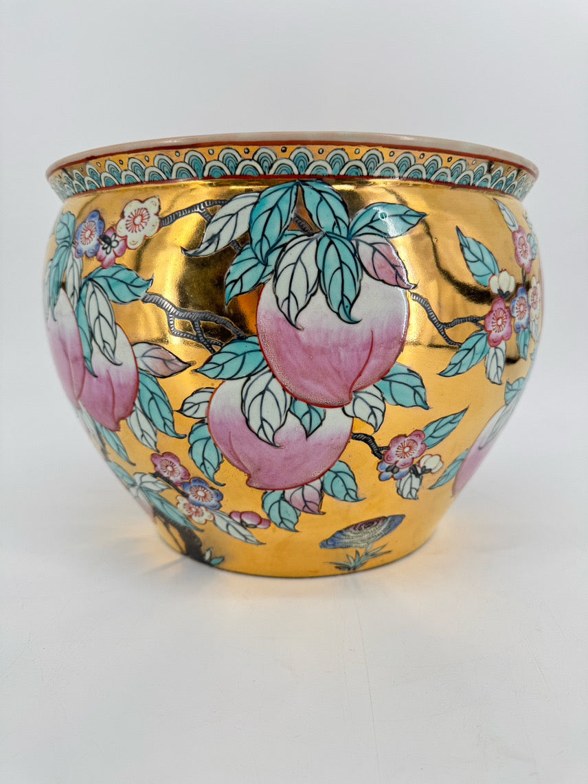 Pink & Aqua Porcelain Fish Planter on Wooden Stand
