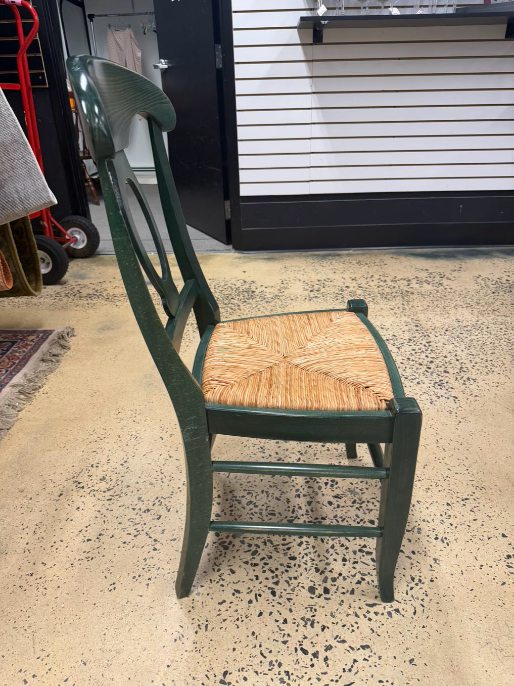 POTTERY BARN Green Wood Set of 4 Chairs w/ Rush Seats