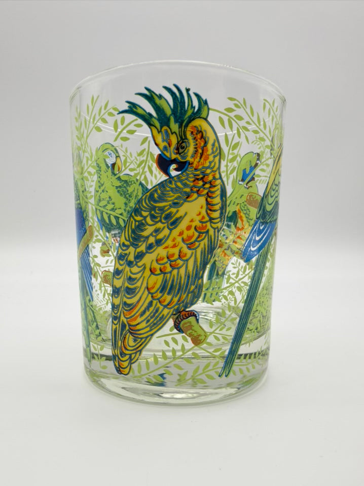 VINTAGE NEIMAN MARCUS Clear, Green & Yellow Set of 6 Tropical Parrot Glasses