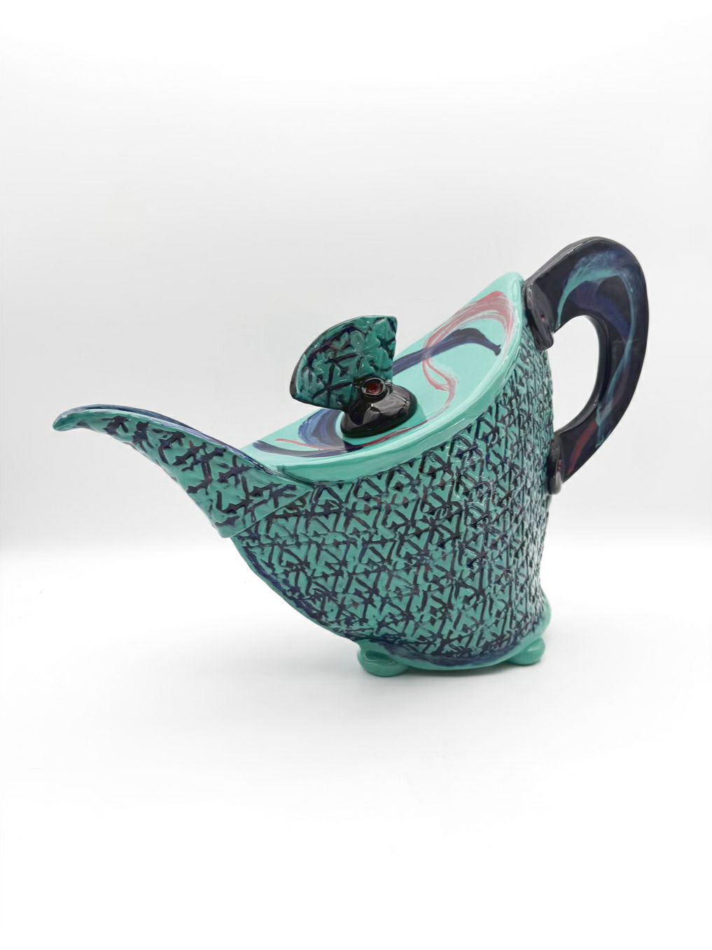 PITTMAN Aqua & Navy Pottery Large Teapot