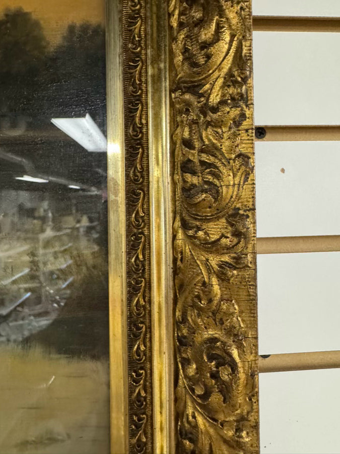 BERT M. HERTIGAN Lake Scene Painting in Gold Antique Frame