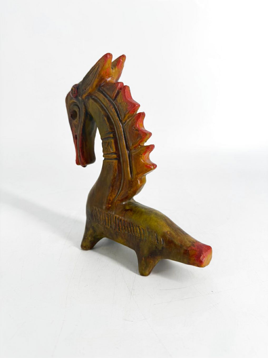 VINTAGE Green & Orange Pottery Sea Horse Sculpture