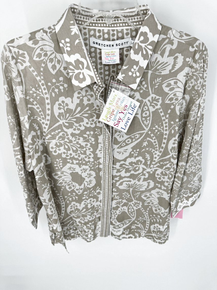 GRETCHEN SCOTT Size L Taupe Print Comfy Cozy Flora Blouse NWT