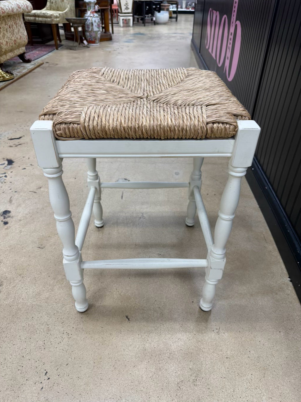 BALLARD DESIGN Cream Wood Pair Of Bar Stools w/ Rush Seats