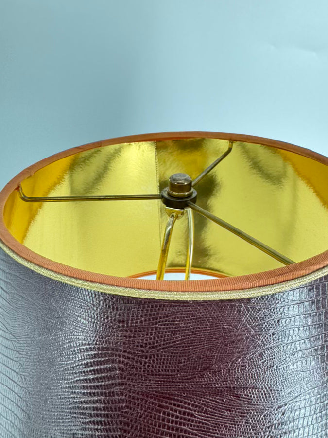 VINTAGE THE BRADBURY GALLERY Amber Glass Lamp w/ Leather Look Shade