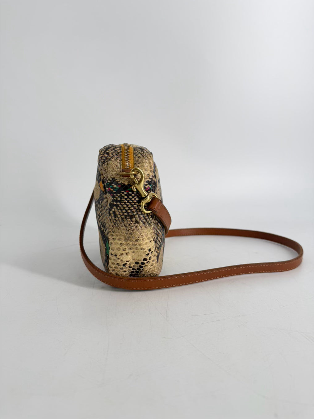 CLARE V. Midi Sac Navy & Red Stripe Snake Embossed Leather Crossbody Bag