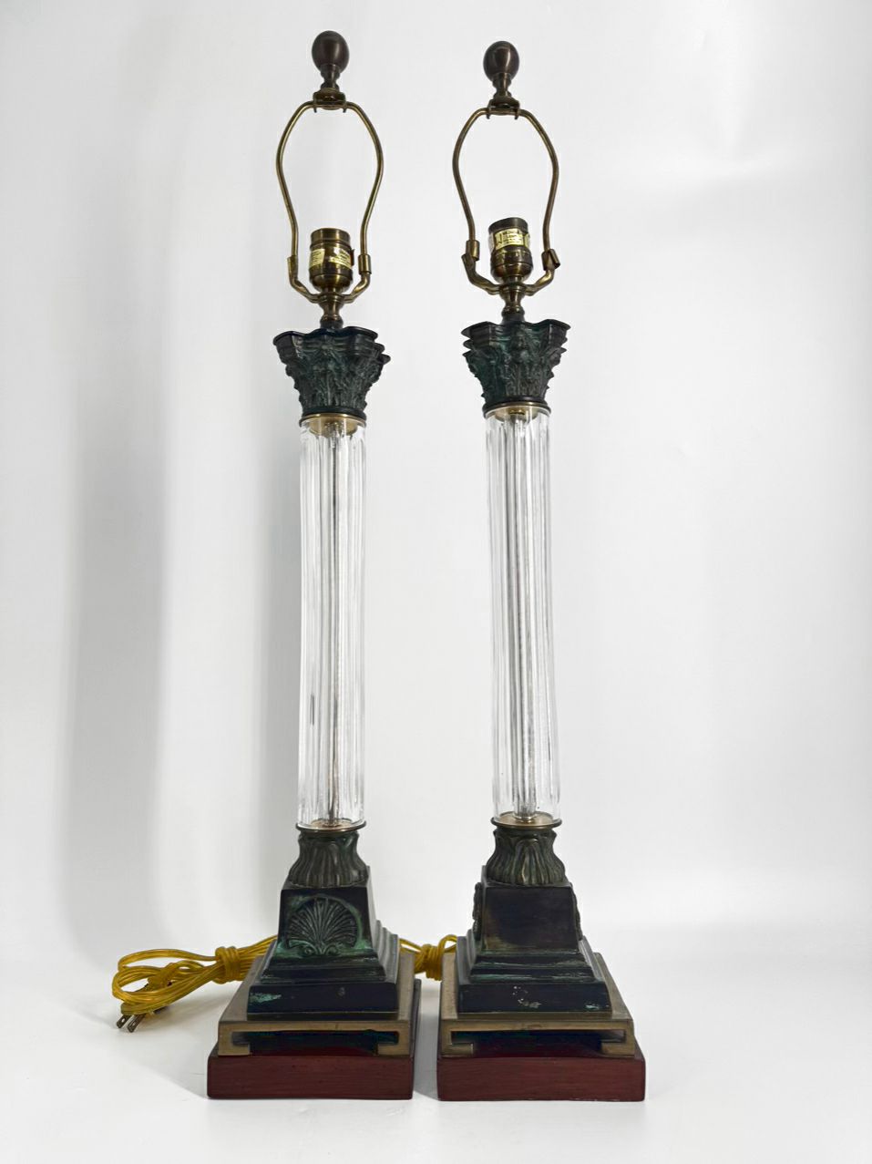 WILDWOOD Brass, Glass & Wood Column Pair of Lamps