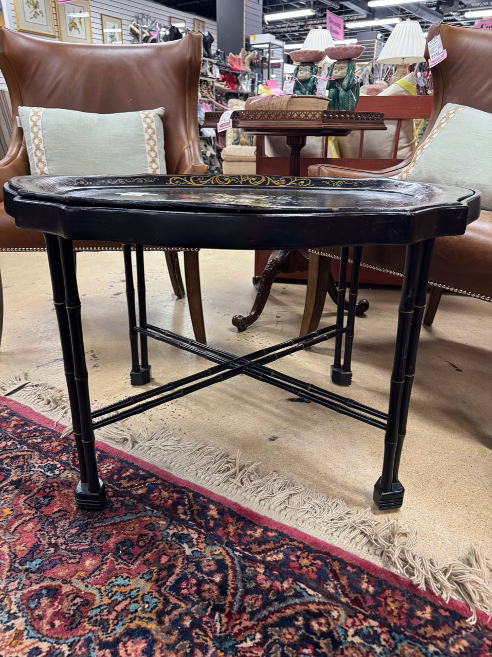 VINTAGE Wood Painted Black Flowers Coffee Table w/ Removable Tray