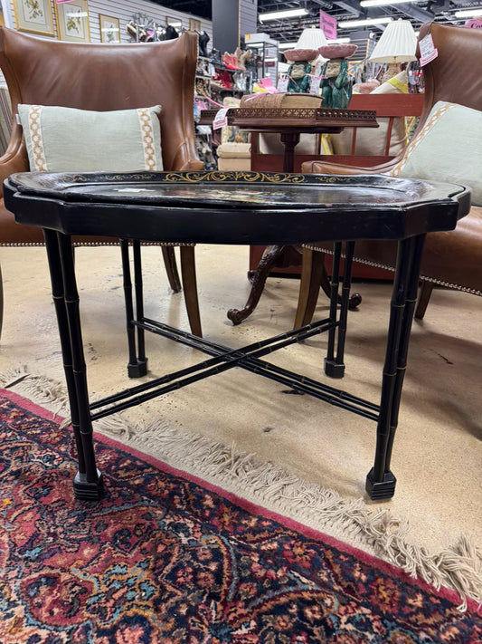 VINTAGE Wood Painted Black Flowers Coffee Table w/ Removable Tray