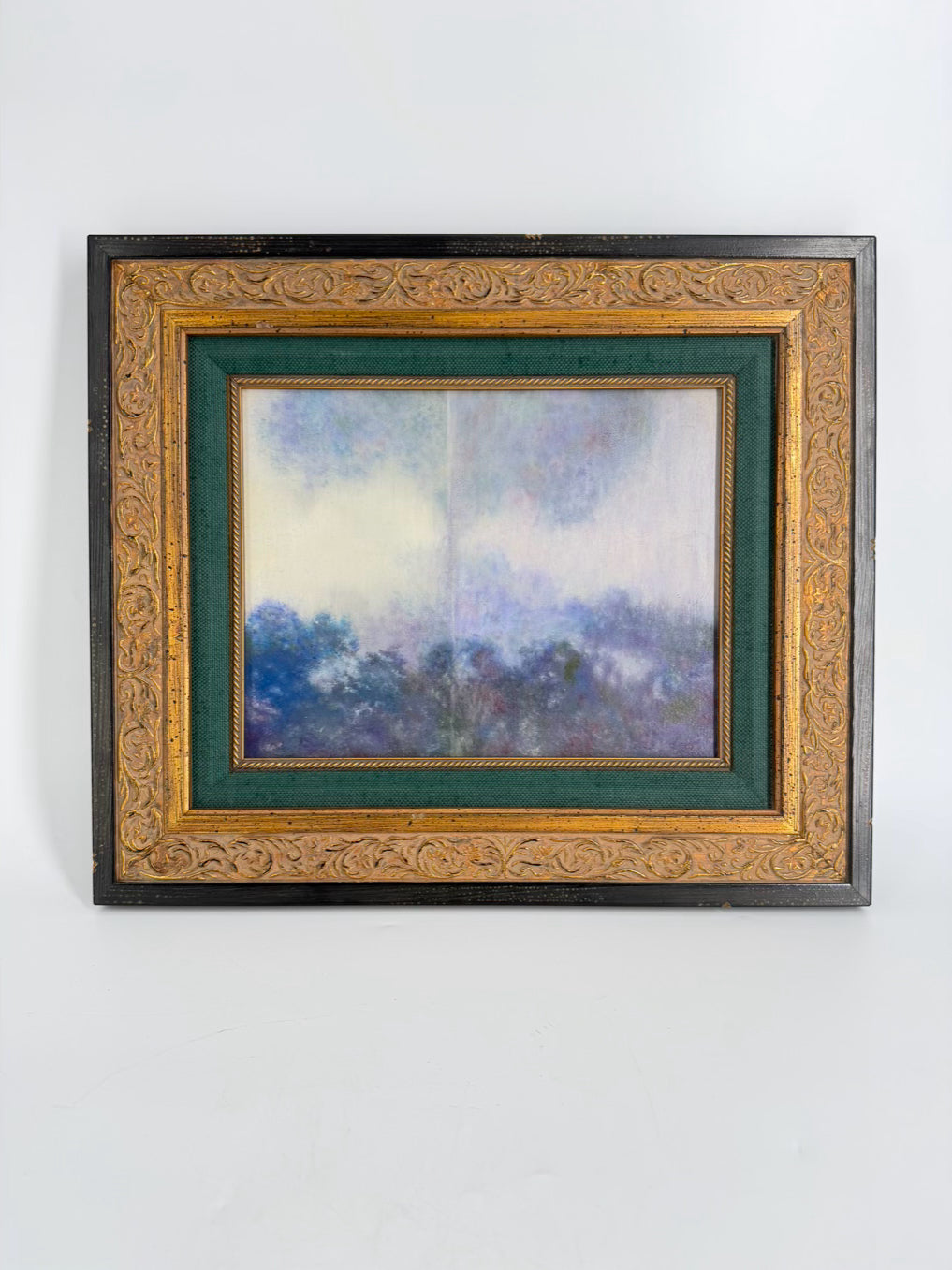 VINTAGE La Seine A Giverny Hazy Landscape Scene Reprint in Green & Gold Frame