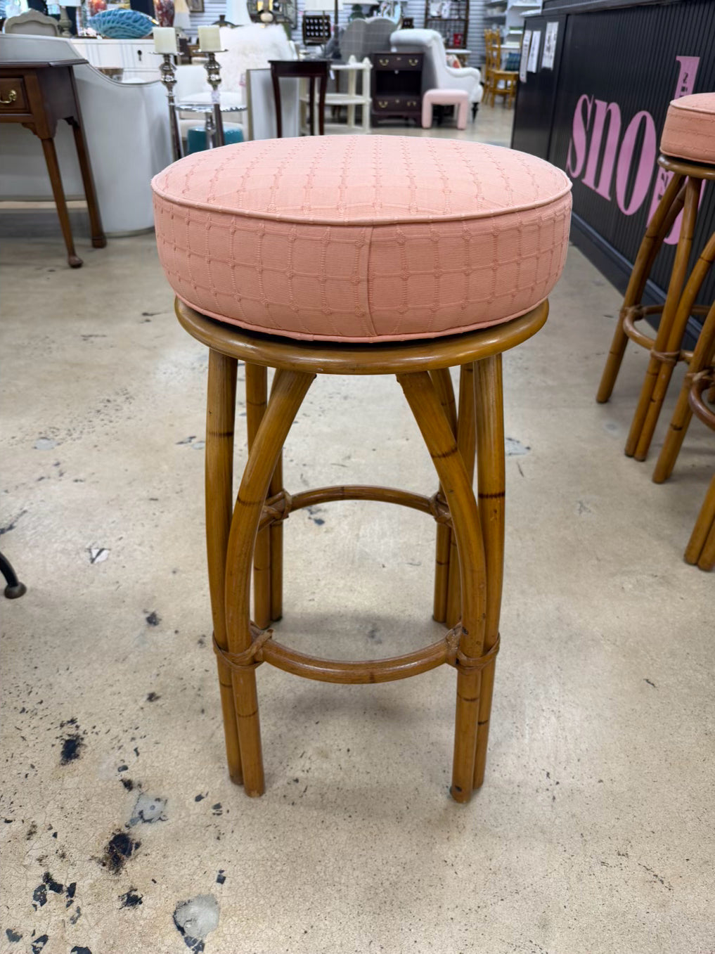 VINTAGE Natural Swivel Bamboo Set Of 3 Bar Stools w/ Fabric Seats
