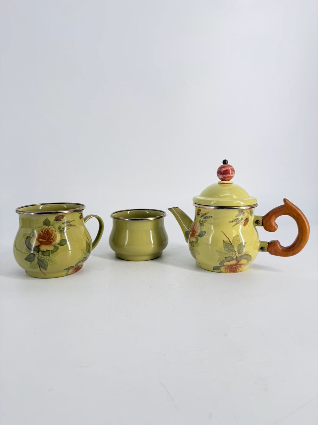 MACKENZIE CHILDS Green Enamel Floral 3 Piece Tea Set