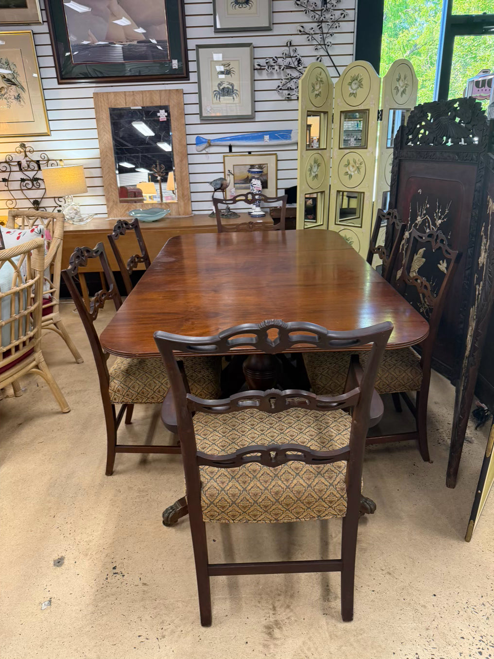 VINTAGE Wood Dining Set Of Table & 6 Ribbon Back Chairs w/ Leaves