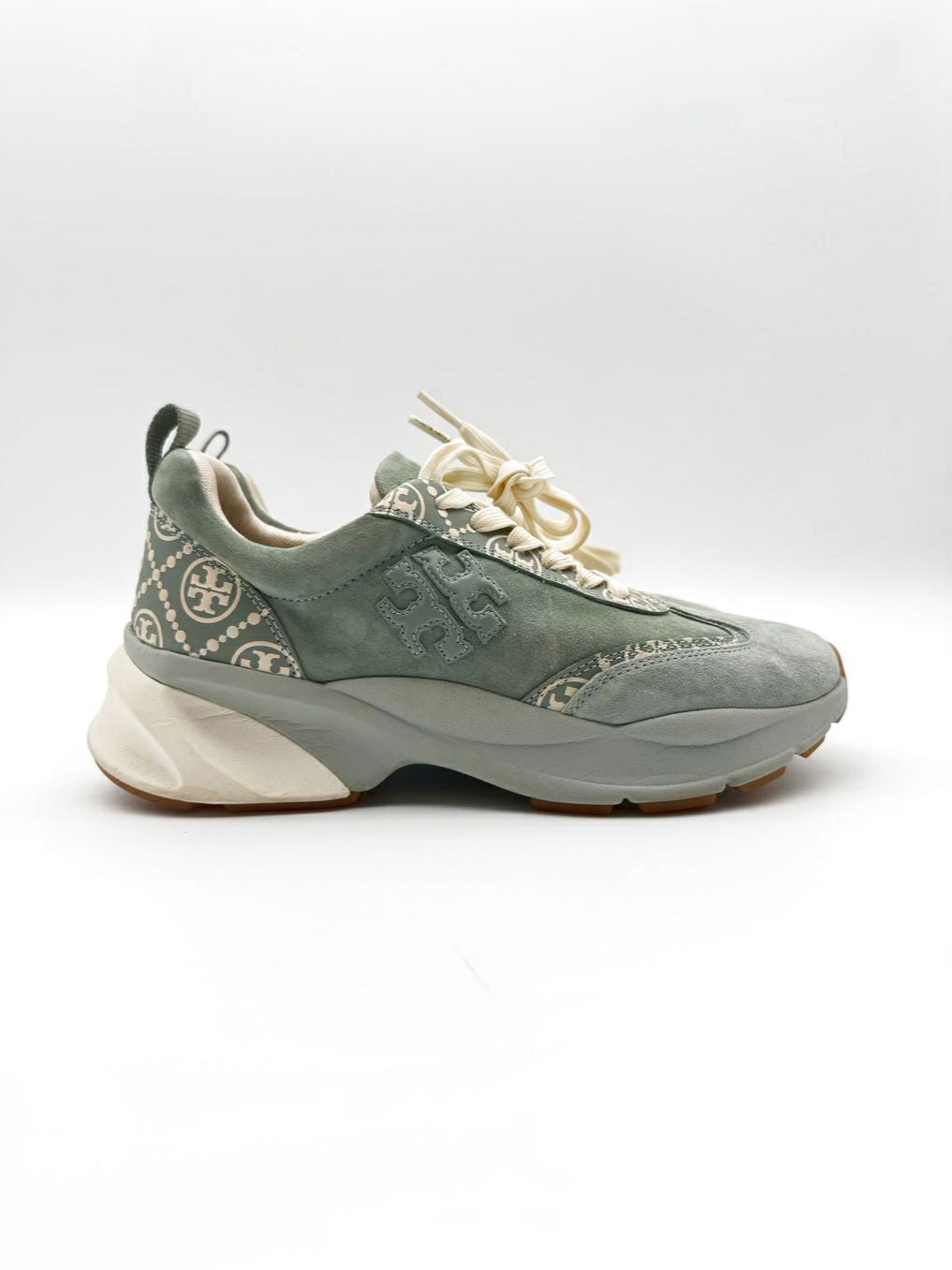 TORY BURCH WMNS Size 8.5 Teal & White Leather Monogram Sneakers