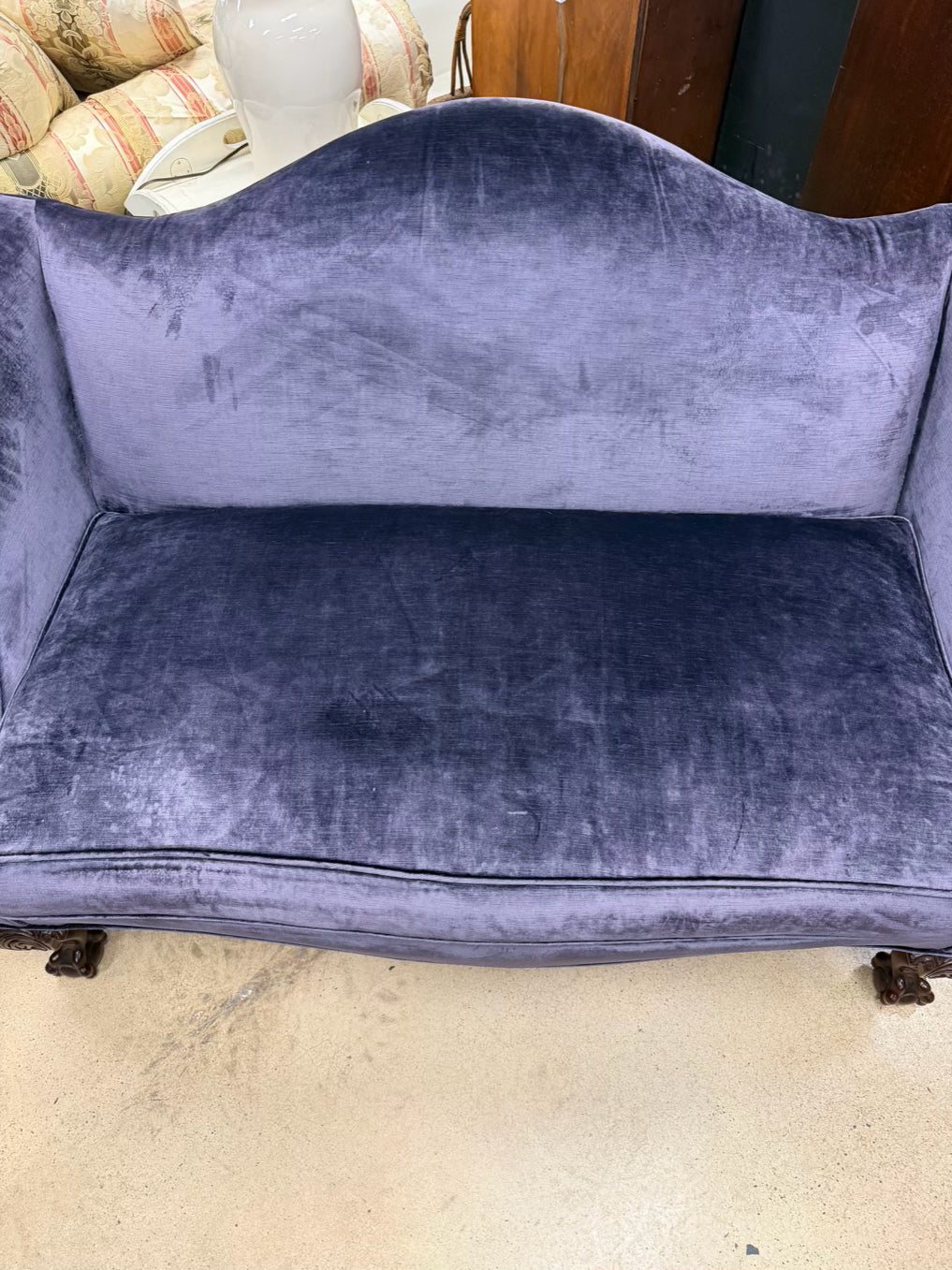 VINTAGE Wood Ball & Claw Love Seat w/ Purple Velveteen Fabric