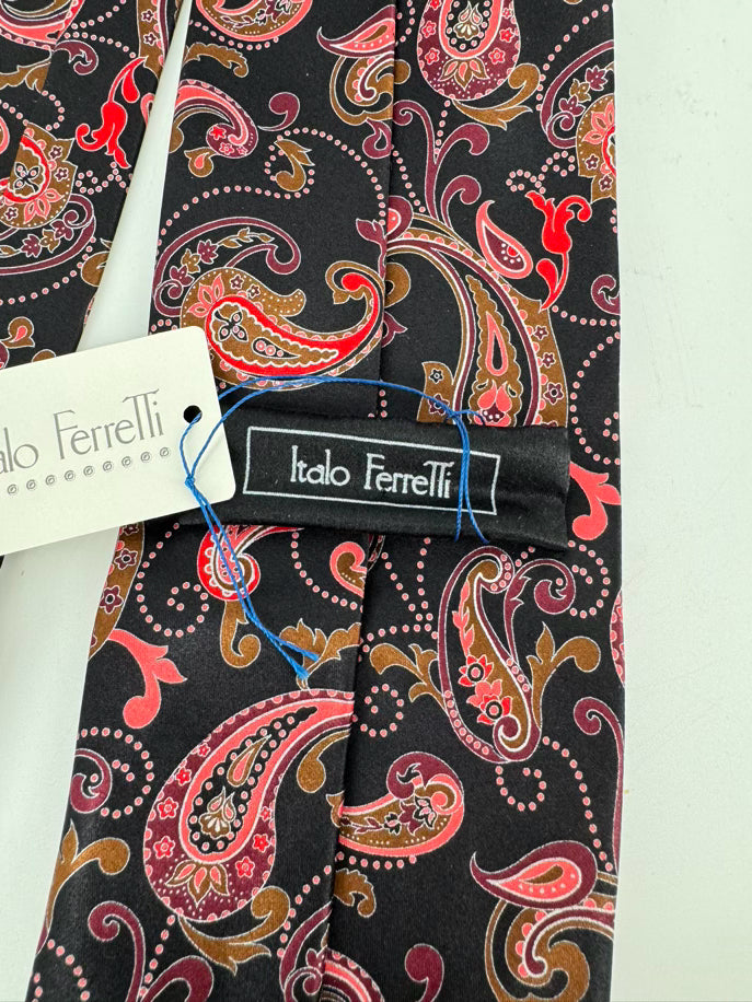 ITALO FERRETTI Black & Red Silk Paisley Print Tie NWT