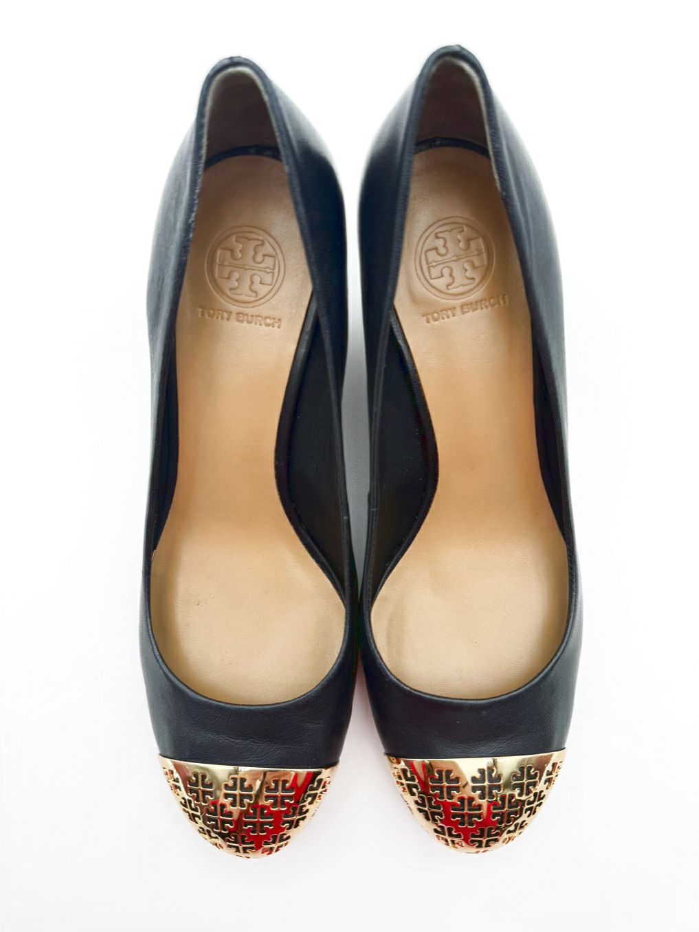 TORY BURCH WMNS Size 7 Navy Leather Gold Toe Wedge