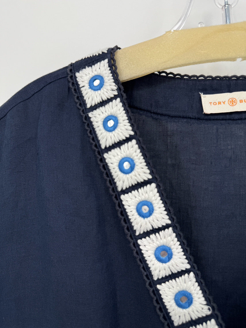 TORY BURCH Size M Navy Embroidered Neck Tunic