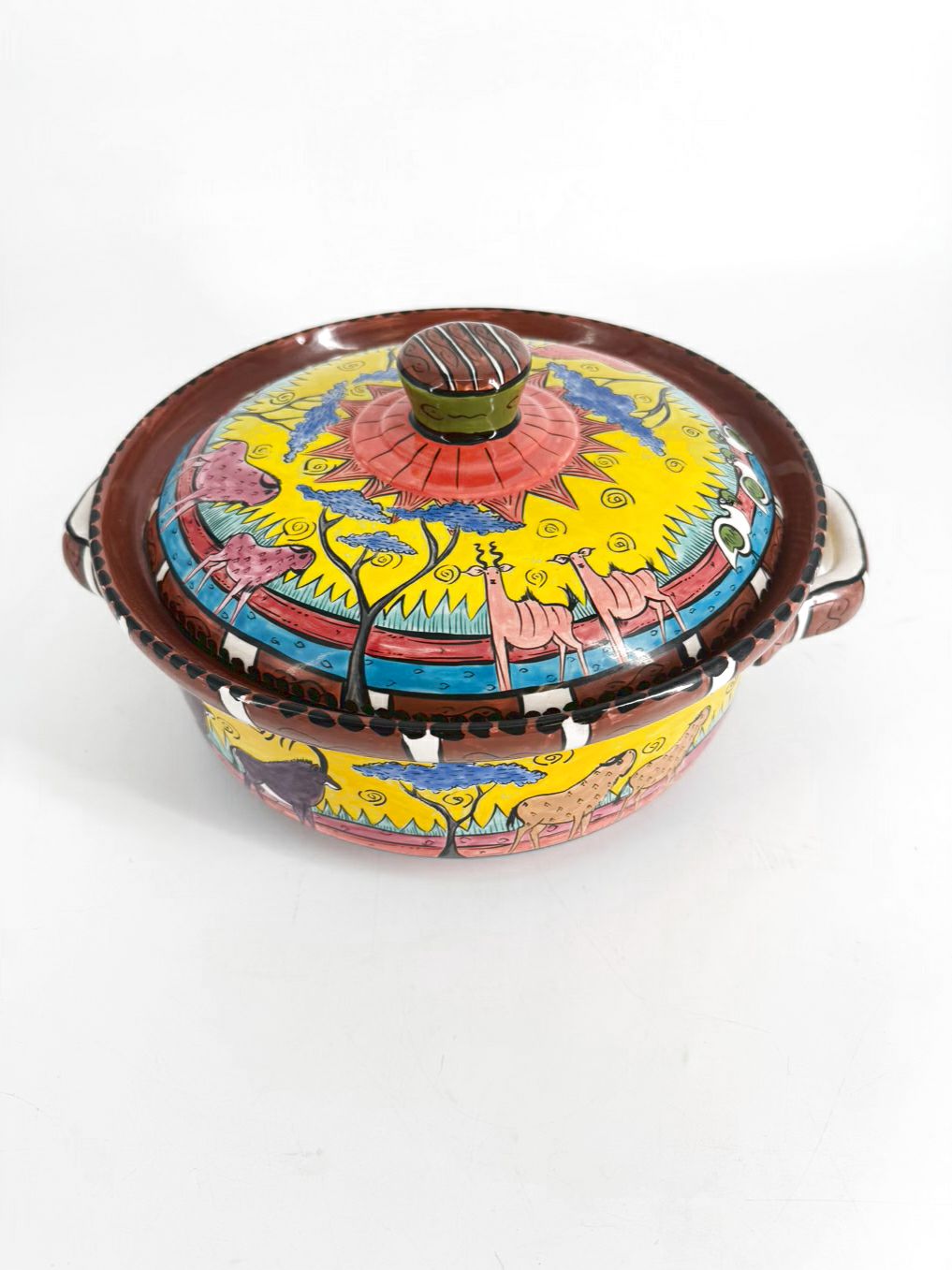 ZIMBABWE Multi Colored Hand Painted Jungle Animals Ceramic Casserole Dish