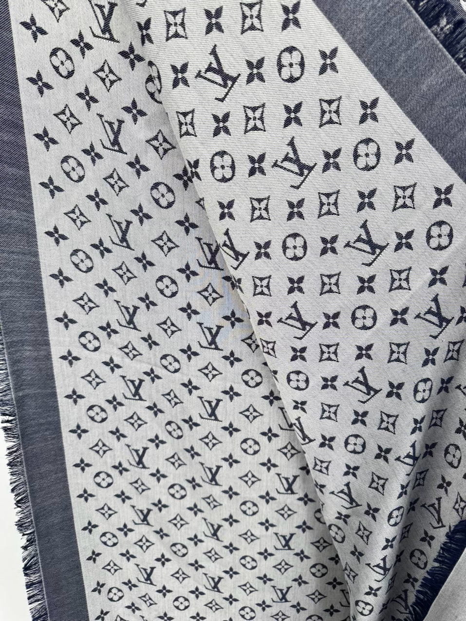 LOUIS VUITTON Blue & Gray Logo Silk & Wool Blend Scarf