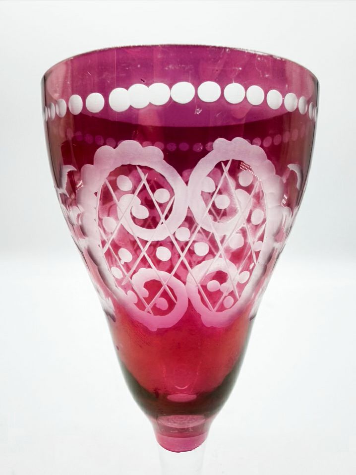 BOHEMIAN Red & Frosted Glass Set Of 8 Footed Glasses