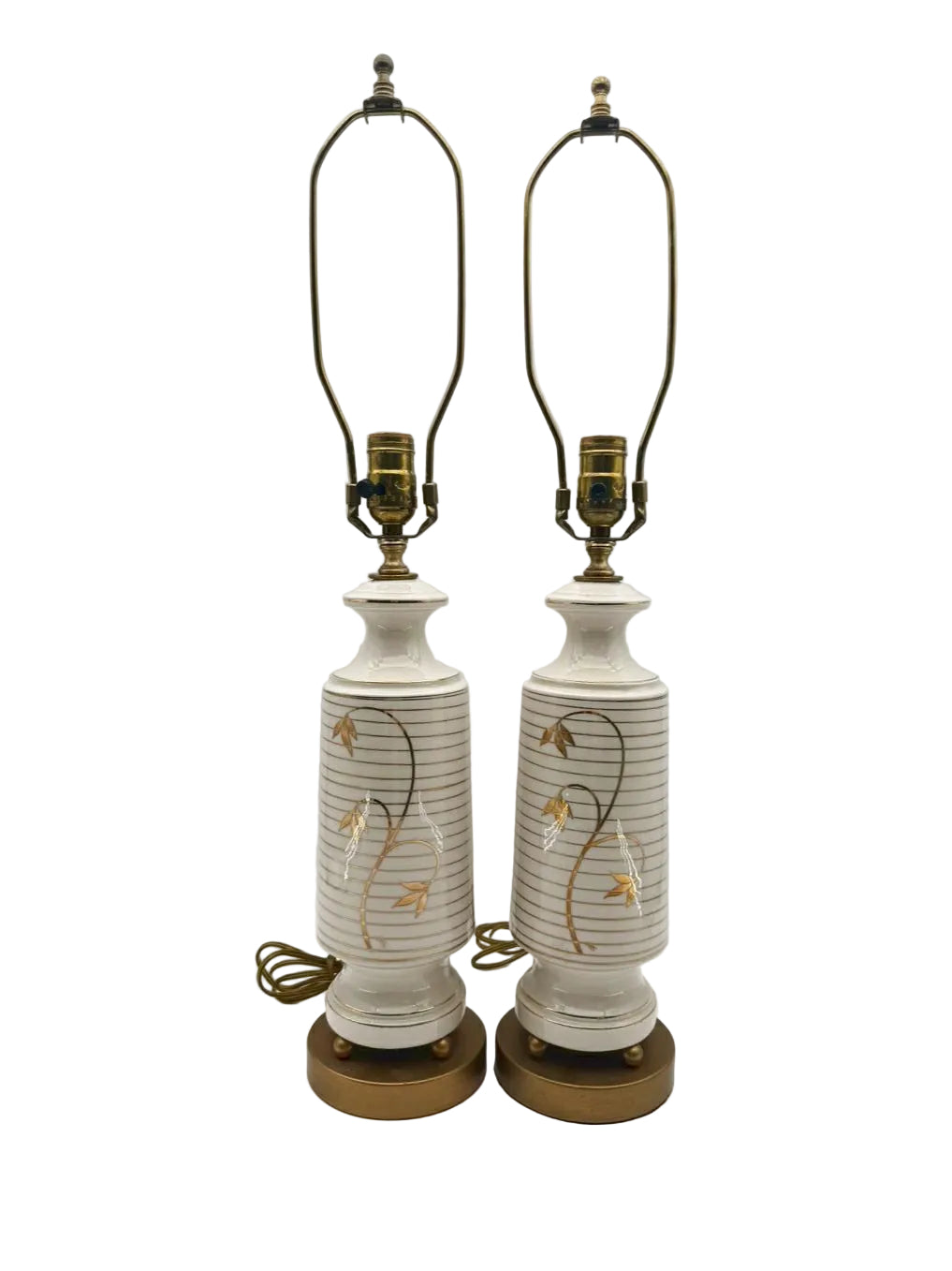 MID CENTURY White & Gold Cylinder Ceramic Pair Of Lamps No Shades